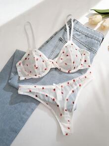 1套女士纯色草莓印花蝴蝶结钢圈舒适文胸和内裤套装