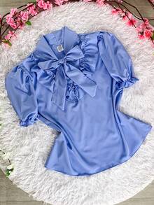 BLUSA SOCIAL MANGA CURTA BUFANTE COM BABADO E LAÇO MODA FEMININA - Azul bebê - Visão 2