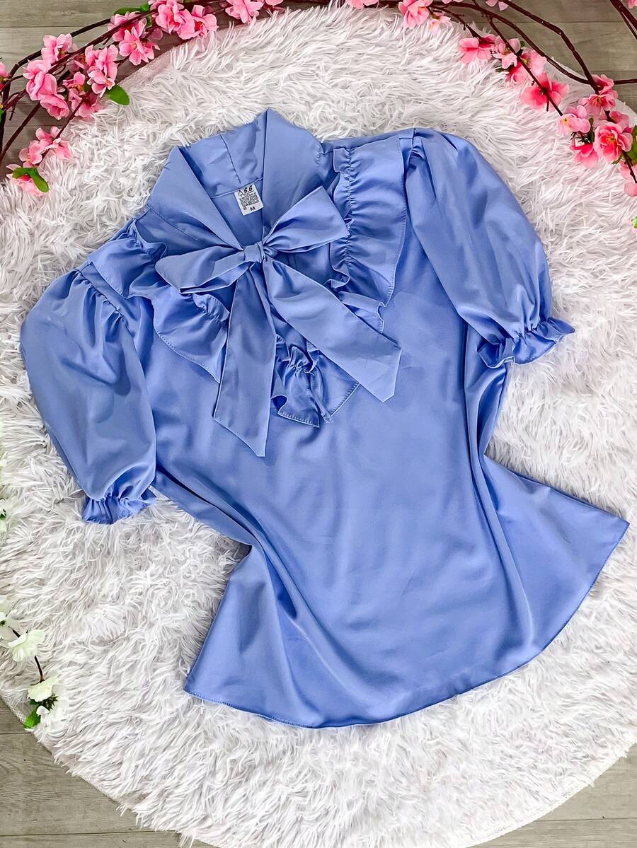 BLUSA SOCIAL MANGA CURTA BUFANTE COM BABADO E LAÇO MODA FEMININA