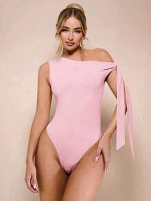 Women's Bodysuit With Tie Bow And Asymmetrical Neckline, Sleeveless, Ideal For Romantic Dates, Casual, Vacation And Summer - 珊瑚粉 - 查看 2