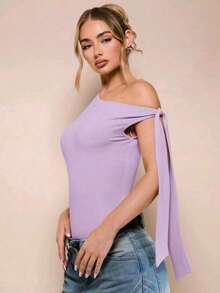 Women's Bodysuit With Tie Bow And Asymmetrical Neckline, Sleeveless, Ideal For Romantic Dates, Casual, Vacation And Summer - 淡紫色 - 查看 4