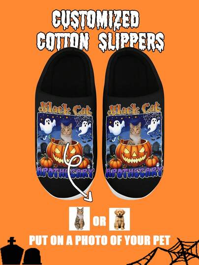Pantuflas personalizadas con foto para hombres en Halloween. Pantuflas interiores personalizadas con calabaza. Zapatos de felpa cálidos y acogedores para uso en el hogar, regalo de Halloween divertido para mamá/papá/ella/él/novia/novio/esposa/esposo/amigo, calzado de decoración de Halloween único