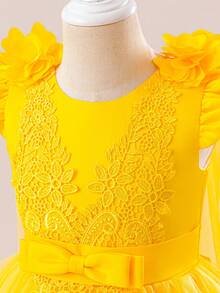 Girls Elegant Lace Princess Dress, Children's Multilayer Tulle Bowknot Party Dress, Girls Birthday Party, Wedding, Piano Recital Formal Gown With Shawl, Long Tie Back Butterfly Dress - Yellow - View 8