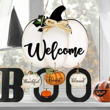 Cartel de bienvenida con calabaza blanca y adornos colgantes de cosecha agradecida, perfecto para la decoración del hogar de otoño, Halloween y estilo de granja, decoración de pared y puerta