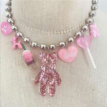1 件粉色熊吊坠项链，不锈钢串珠链项链配心形吊坠，时尚嘻哈配饰，适合酷女孩 - 淺粉色 - 查看 1