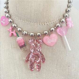 1 pièce Collier pendentif ours rose, collier à chaîne de perles en acier inoxydable avec pendentif en forme de cœur, accessoire mode hip-hop pour filles cool