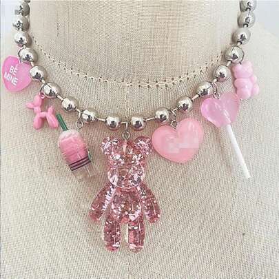 1 ชิ้น สร้อยคอจี้ตุ๊กตาหมีสีชมพู สร้อยคอลูกปัดสแตนเลส จี้รูปหัวใจ เครื่องประดับฮิปฮอปที่ทันสมัยสำหรับสาวๆ