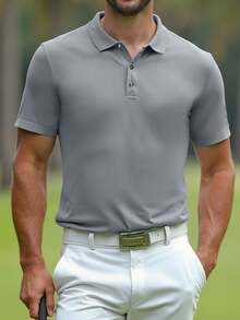 Men's Solid Color Golf Polo Shirt, Half Button Collar Color Block Business Casual Work Shirt For Boyfriend Gift, For Golf, For Daily Wear, For Summer, For Tennis - Grey - View 1