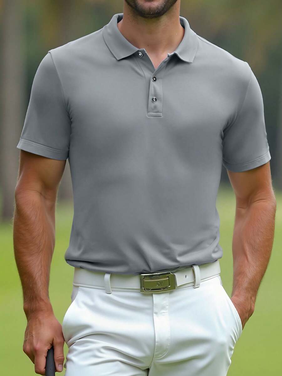Men's Solid Color Golf Polo Shirt, Half Button Collar Color Block Business Casual Work Shirt For Boyfriend Gift, For Golf, For Daily Wear, For Summer, For Tennis - Grey - View 1