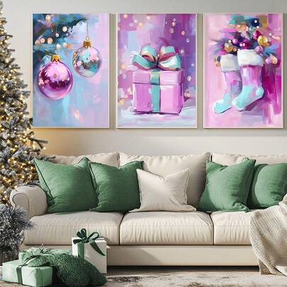 3pcs/Set, Canvas Hanging, Framed Wall Art, Christmas Wall Decoration, Pink Christmas, Vibrant Winter Holiday Art, Christmas Pastel Preppy Poster Set, Vintage Christmas Holiday Art, Christmas Decorations, Christmas Posters, Christmas Home Decorations, Holiday Room Decorations, Dorm Decorations, Bedroom Decorations, Bathroom Decorations, Living Room Decorations, Holiday Atmosphere Decorations