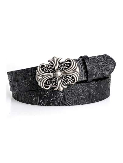 1pc Boho-Chic Black Faux Leather Belt With Vintage Oval Hollow Buckle - Versatile For Jeans, Dresses & Casual Wear Fall, Autumn, Halloween Autumn-Winter Accessories,Suitable For Teens, Youth,Men,Casual, Outdoor, Athletic, Vacation, Graduation Gifts, Birthday, Daily Wear