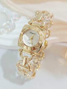 Damenuhr Luxus Edelstahlarmband quadratisches Zifferblatt mit römischen Ziffern, modische Lässig Business Quarzarmbanduhr