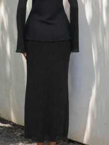 Women Elegant Textured Draping Wave Hem Skirt - Black - View 4