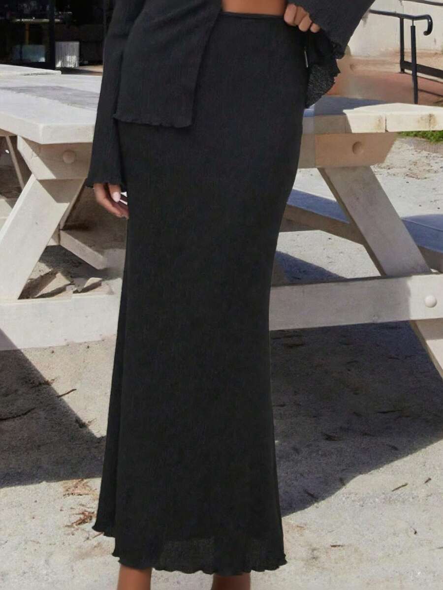 Women Elegant Textured Draping Wave Hem Skirt - Black - View 1