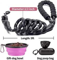 2 Pack Dog Leash 5 FT Heavy Duty - Comfortable Padded Handle - Reflective Dog Leash Medium Large Dogs With Collapsible Pet Bowl, Dog Gear - 套裝 2-黑色+藍色 - 查看 5