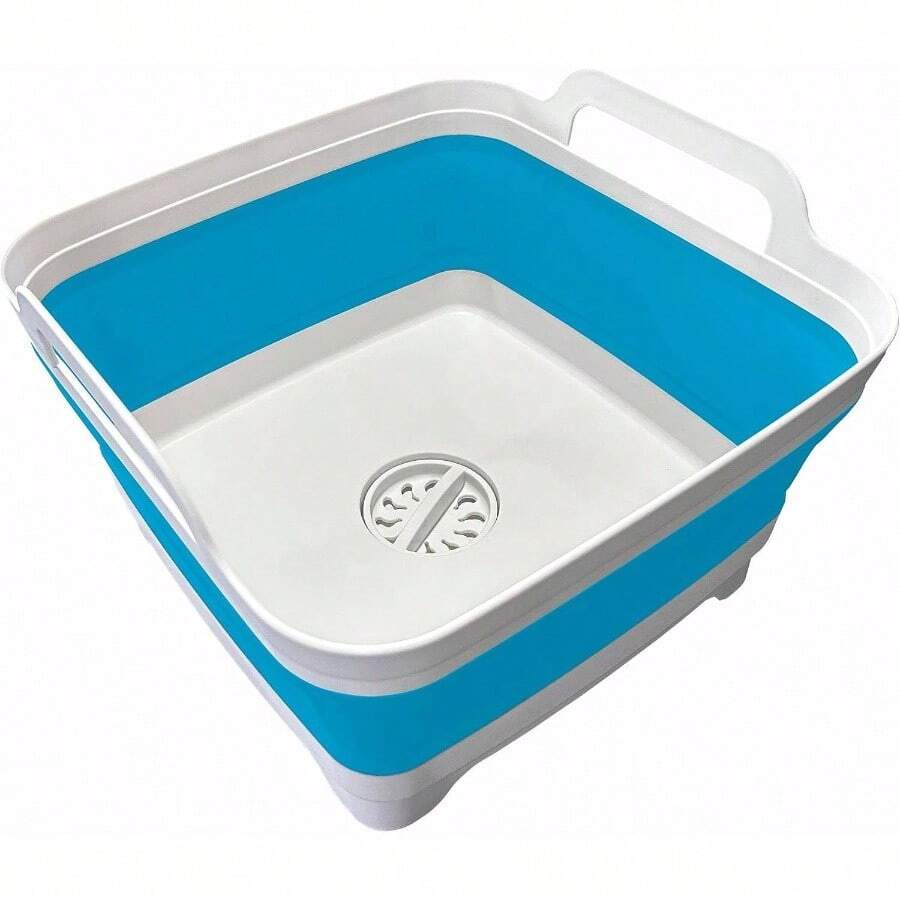 9L 2.4Gal Dish Basin Collapsible With Drain Plug Carry Handles, Kitchen Storage Tray Dish Wash Basin, Portable Dish Tub, Foldable Dishpan For Camping, RV, Gray - Blue - View 1