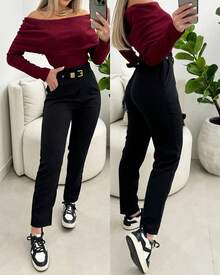 Tailored Trousers With Simple Lined Belt - màu đen - Xem 3