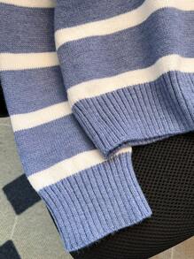 秋冬女士条纹立领套头衫高端简约时尚毛衣、长袖上衣 - 霧霾藍 - 查看 6