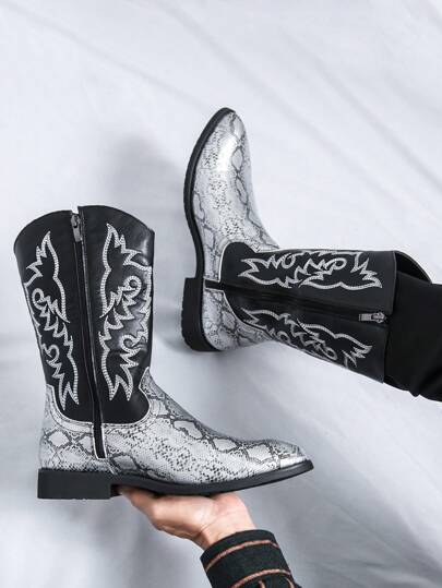 男士高帮侧拉链刺绣西部牛仔靴欧美银色拼接高帮靴复古尖头软底靴户外高帮靴切尔西靴适合搭配牛仔裤秋冬新款