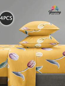 4 件套郁金香花朵图案床单套件，易于护理超细纤维柔软床上用品套件，花卉床笠套件（1 件床单+1 件床笠+2 个枕套）床笠套件，特大号双人床，全尺寸床单，深口袋，最大 11.8 英寸枕套，柔软透气防皱，更适合睡眠，豪华酒店风格，送给妈妈爸爸朋友的礼物 - 彩色 - 查看 1