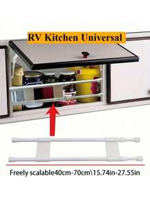 The Overhead Storage Cabinet Railing In The RV Helps Prevent Items From Falling. The RV Home Refrigerator Extendable Rod Extends The Storage Shelf And Can Be Adjusted. The Simple Fixed Rack Has A Kitchen Storage Organizer With Partition Design Inside The Cabinet.