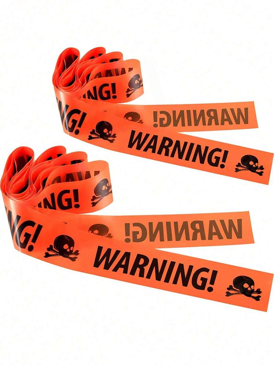 2 buc bandă de avertizare portocalie cu craniu de pirat pentru decorațiuni de Halloween, bandă de avertizare pentru decor de petrecere înfricoșătoare