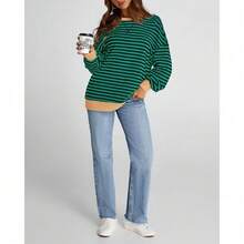 Womens Oversized Striped Sweatshirt Crewneck Long Sleeve Pullover Top Casual Y2K Spring Clothes 2026 Workout Shirt,Vacation Outfits Women,Valentine Outfits For Women,Street Photography - 綠色海軍藍 - 查看 1