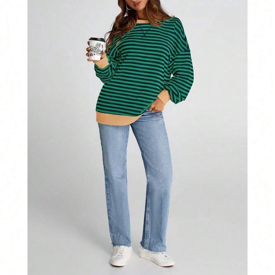 Womens Oversized Striped Sweatshirt Crewneck Long Sleeve Pullover Top Casual Y2K Spring Clothes 2026 Workout Shirt,Vacation Outfits Women,Valentine Outfits For Women,Street Photography - 綠色海軍藍 - 查看 1