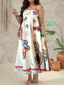 Truni Vestido tipo línea A de estilo bohemio con estampado digital de retazos y tirantes ajustables para mujer talla grande, para primavera y verano