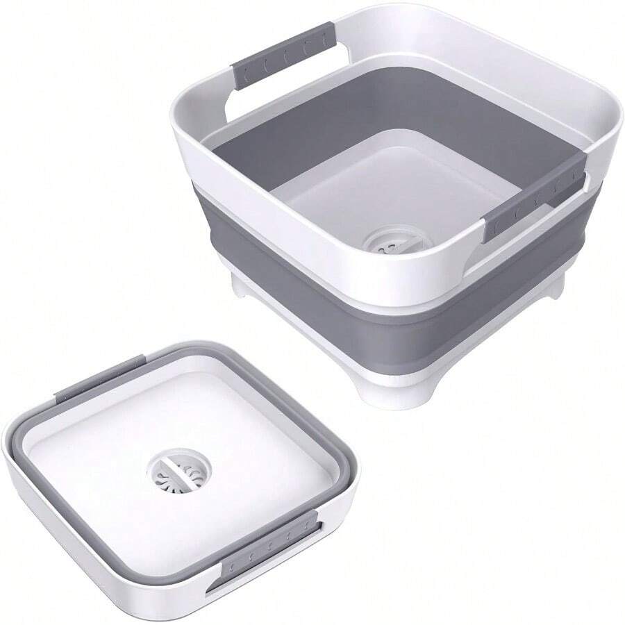 Collapsible Dish Basin With Drain Plug, 9L2.4Gal Capacity, Space Saving Portable Sink For Bottle, Kitchen, Camping RV, Gray - 灰色的 - 查看 1