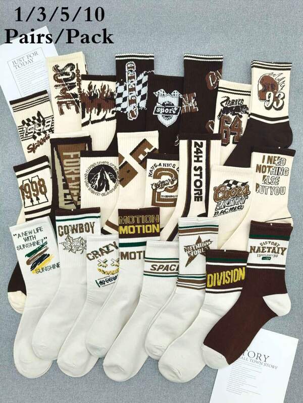 1/3/5/10 pares de calcetines de tripulación con estilo retro europeo y americano, estampado de letras, rayas, graffiti, para calle, skateboard, baloncesto, deportes, cintura alta