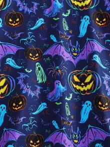 Girls Casual Comfortable Round Neck Pumpkin, Bat, Ghost 3D Print Long Sleeve Cute Dress, Suitable For Everyday, Vacation, Elegant Party, Graduation, Back To School, Halloween