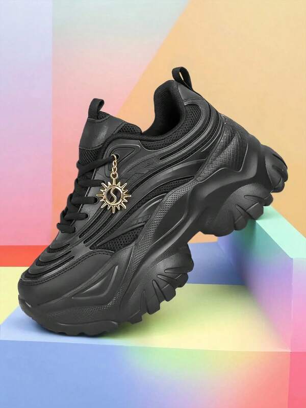 أحذية رياضية كاجوال للنساء ذات لون أحادي، أحذية رياضية سميكة الأربطة الملونة، أحذية رياضية ذات قاع ناعم، أحذية رياضية خفيفة الوزن وقابلة للتنفس ذات رقبة منخفضة