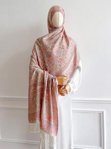 1件装女士时尚保暖腰果图案印花围巾，经典佩斯利花纹头巾和披肩，可搭配长袍和连衣裙 - 花粉顏色 - 查看 4