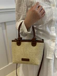 Bolso de paja tejida y bolso de hombro de estilo de playa de vacaciones 2025, elegante bolso de cesta con nudo de cuerda - Marrón - Ver 5