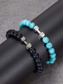 2pcs Minimalist Couple Bracelets Set, Natural Black Volcanic Lava Stone & Matte White Turquoise Dumbbell Beaded Bracelet, Unisex Fitness Weight Bar Beaded Bracelet, Elegant Gift For Family, Friends, Girlfriend/Boyfriend - Multicolor - View 10