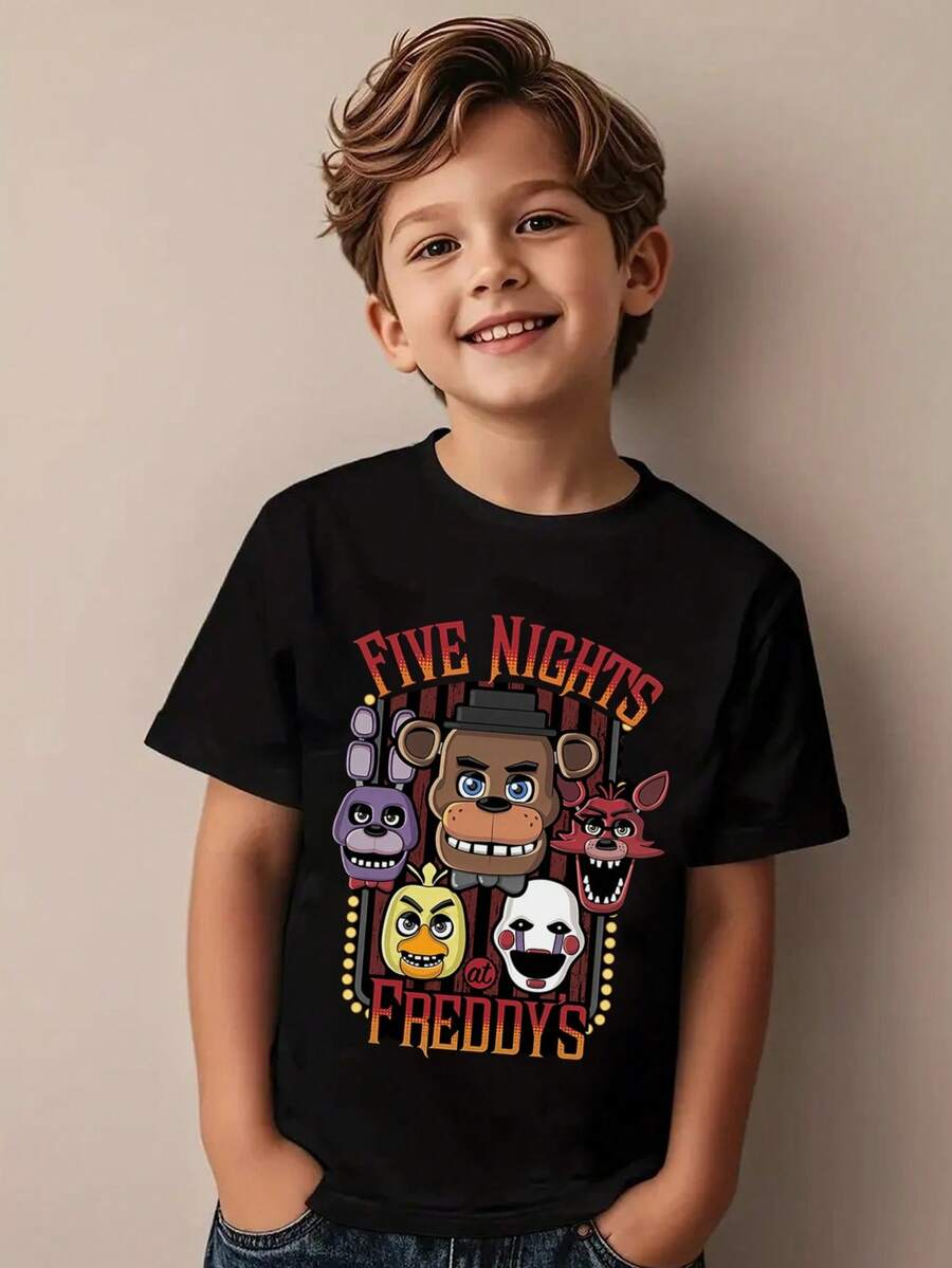 Young Boy's/Girl's " Cotton Graphic Tees, Game T-Shirts For Boy, Black Summer T-Shirts With Cartoon Characters, Gift For  Fans, Round Neck Short Sleeve T-Shirt, Fun, Vintage T-Shirts For Boys" Boy Clothes For Kids - 黑色 - 查看 1