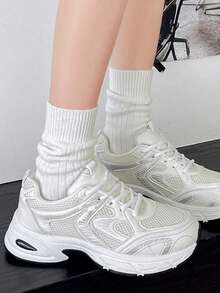 New Women Casual Sneakers, Chunky Sneakers, Shoes, White Shoes, Lace-Up Round Toe Mixed Material Breathable Versatile Printed Graffiti College Style Student Outdoor Hiking Casual Commuting Shoes - 米色 - 查看 4