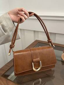 Retro Solid Colored Square Shoulder Bag All Matching Flap Armpit Purse Women's Simplest Armpit Bag, New Year's Ideal Gift, Women's Fashion Business Casual Bag, Office, Business And Work Perfect - Brown - View 4