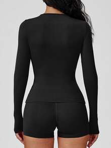 Yefecy 女士纯色圆领压缩运动 T 恤、速干长袖短款 T 恤、女士室内外运动服上衣、运动服、休闲运动上衣、健身服、吸湿排汗 T 恤健身 T 恤 - 黑色 - 查看 4