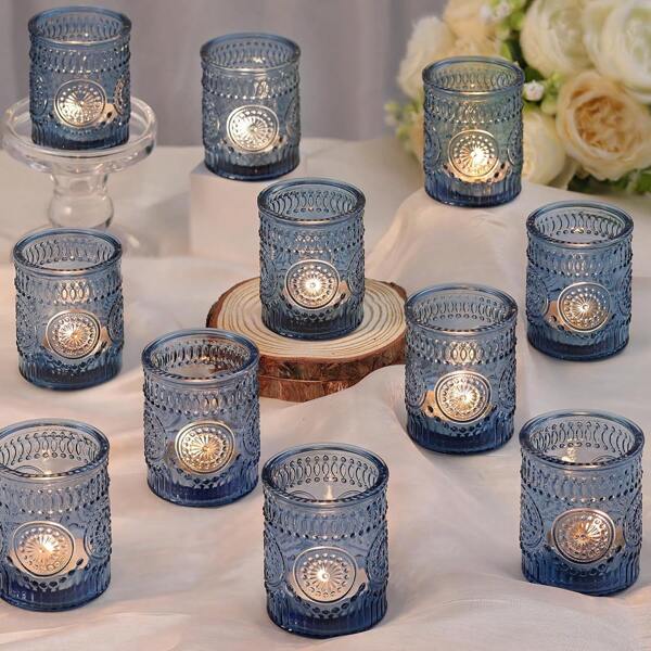 12 Packs Blue Glass Votive Candle Holders, Vintage Candle Holder Bulk, Tealight Candle Holders For Table Centerpieces, Home, Bridal Shower, Birthday, Christmas, Thanksgiving Party Table Decor,Wedding