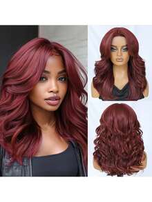 女士多层假发，带刘海，18 英寸红色合成蕾丝前部假发，适合日常使用，13x5x1.5 英寸 T 型假发，渐变棕色非洲式假发