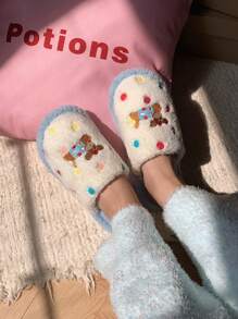 XIXITIAO 1 双可爱波尔卡圆点狗卡通趣味毛绒家居拖鞋，时尚舒适铃铛小狗波尔卡圆点图案平底鞋，男女通用保暖一脚蹬拖鞋 - 藍色 - 查看 3