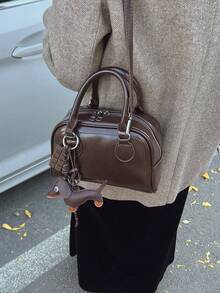 1pc Retro Bowling Bag For Women, PU Leather Material, Minimalist Solid Color Handbag, Multifunctional Shoulder Crossbody Bag, Suitable For Work, Commute, Date, Party, Brown - Coffee - View 4