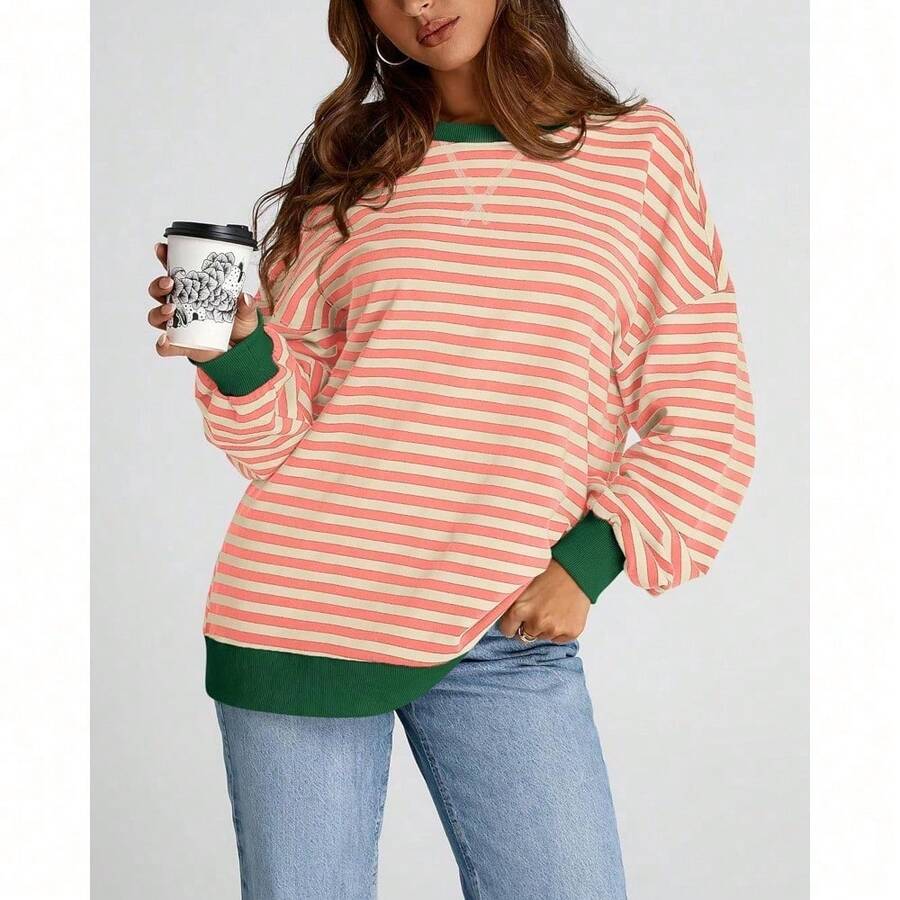 Womens Oversized Striped Sweatshirt Crewneck Long Sleeve Pullover Top Casual Y2K Spring Clothes 2026 Workout Shirt,Vacation Outfits Women,Valentine Outfits For Women,Street Photography - 淺橙杏色 - 查看 1