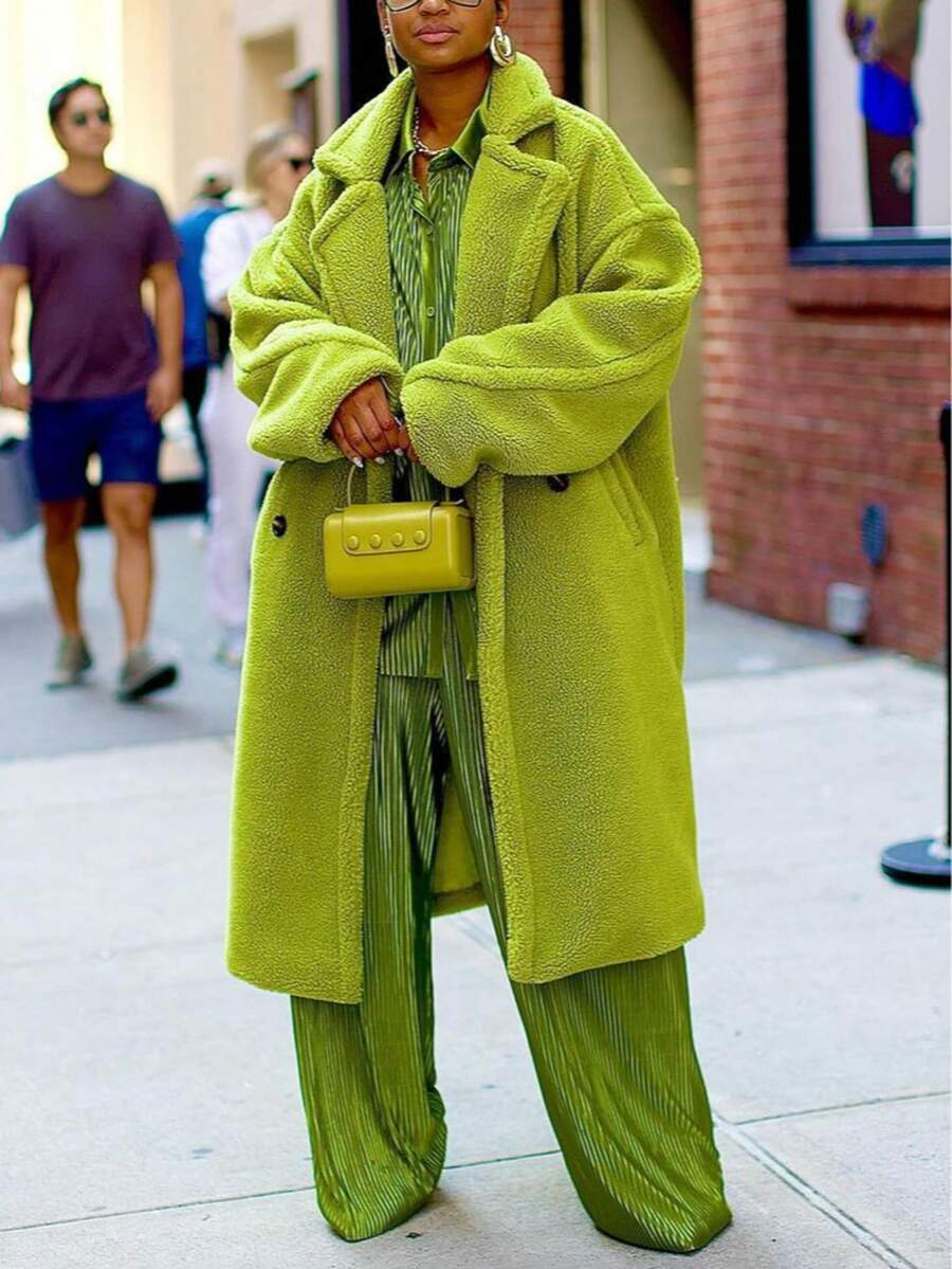 Valentine's Day, Date Night Outfit, Gifts For Her GLOURI Women's Long Teddy Coat, Fleece Coat, Green Double-Breasted Maxi Outerwear With Lapels Collar And Pockets, Fully Lined, Chunky And Thick Coat, Winter Warm Outfits