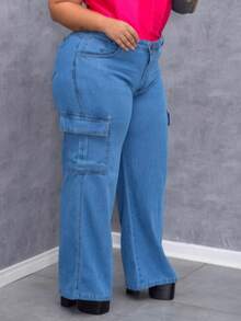 Wide Leg Cargo Jeans Plus Size Clear Simple Elegant Casual Cargo Jeans Plus Size Travel - Blue - View 5