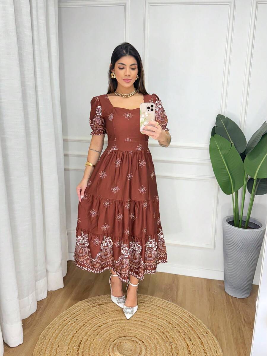 Women's Elegant Printed Midi Dress All-Over Print Floral Leaf Fabric Ruched Embroidery Daily Dress SUMMER - Rust Brown - View 1