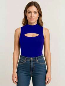 Women's Bodysuit With High Neck And Cutouts, Ideal For Summer Use - 寶藍色 - 查看 2