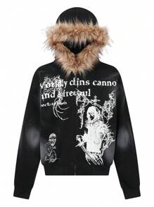 Retro Distressed Woolen Cap Design Hooded Sweatshirt For Both Men And Women, Featuring A Street Hip-Hop Dark Style With A Hood And Zipper Opening